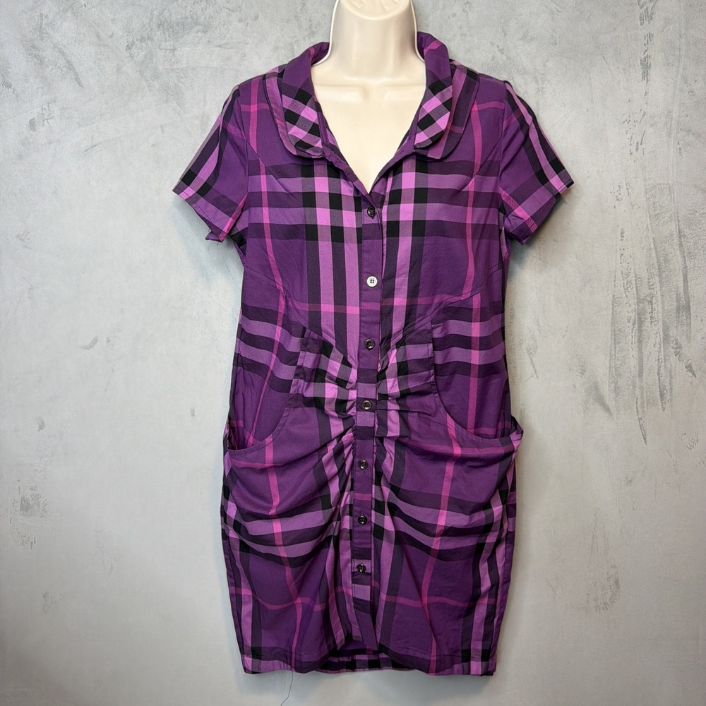 Purple Plaid Womens Shirt Dress Size 4 Cotton Button Front Pocket Check NWT